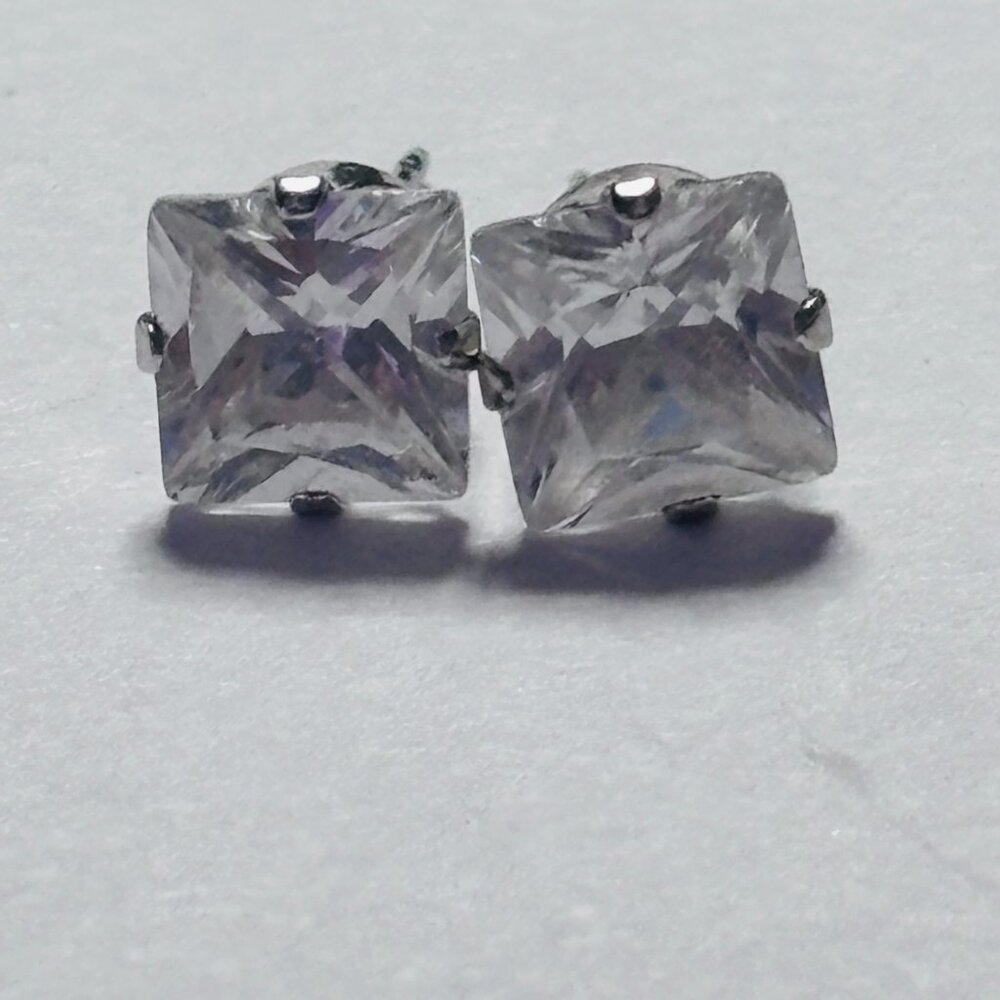 Princess Cut Clear CZ Stud Earrings Silver Tone 925 Posts